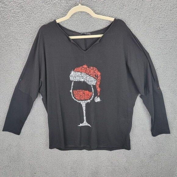 Noracora Womens Tshirt Tunic Small Santa Cap Wine Glass V-Neck Festive- NWT - Picture 1 of 8
